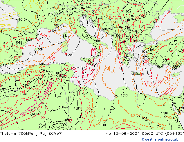 Theta-e 700гПа ECMWF пн 10.06.2024 00 UTC