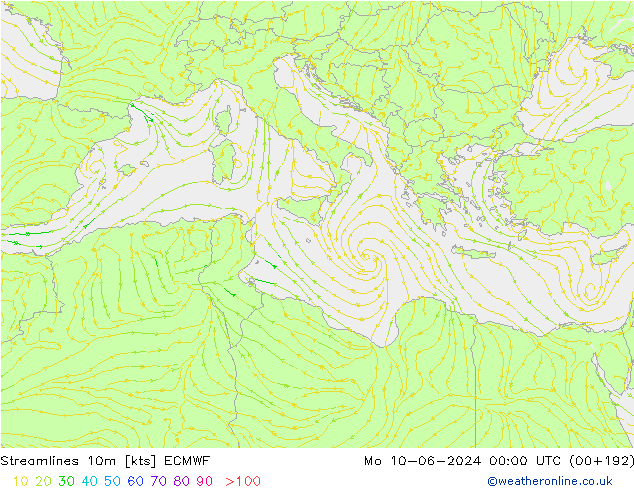 Linia prądu 10m ECMWF pon. 10.06.2024 00 UTC