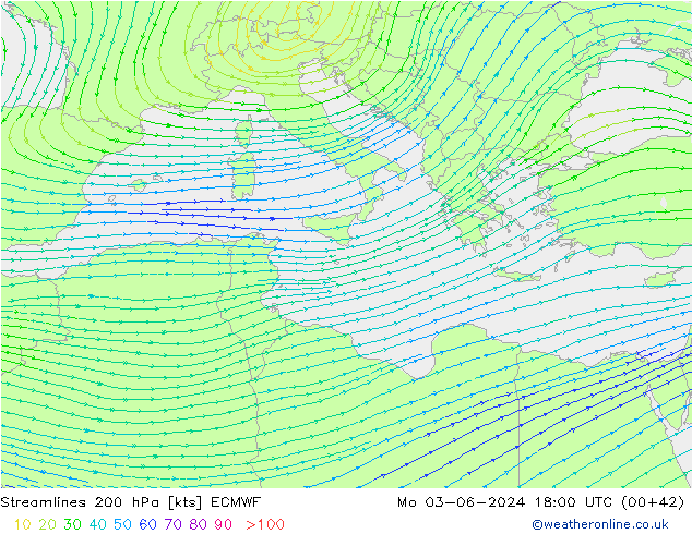 Linia prądu 200 hPa ECMWF pon. 03.06.2024 18 UTC