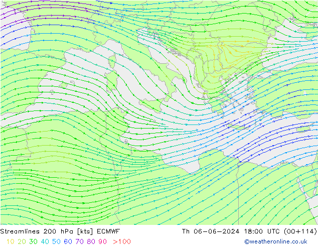 Stromlinien 200 hPa ECMWF Do 06.06.2024 18 UTC