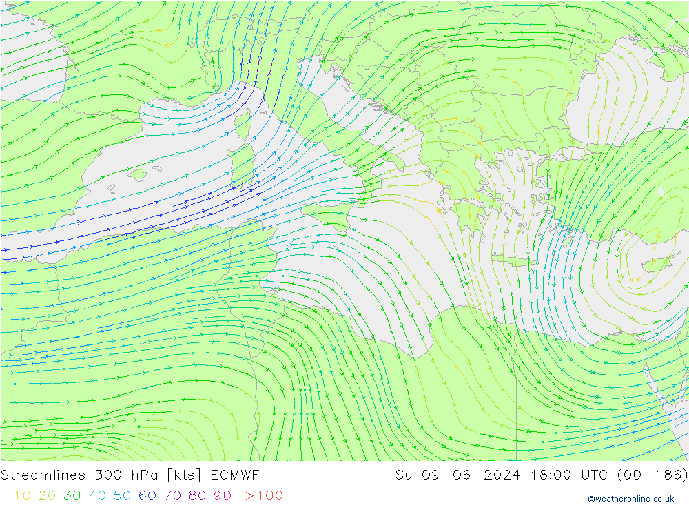 Linha de corrente 300 hPa ECMWF Dom 09.06.2024 18 UTC