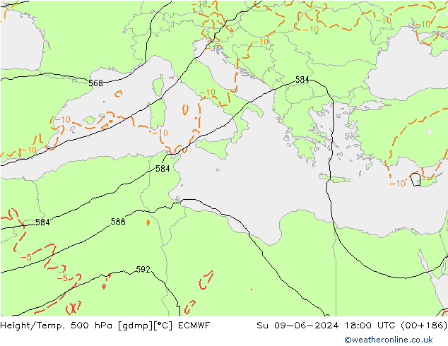 Hoogte/Temp. 500 hPa ECMWF zo 09.06.2024 18 UTC