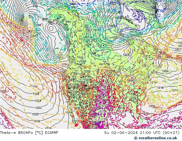 Theta-e 850hPa ECMWF So 02.06.2024 21 UTC