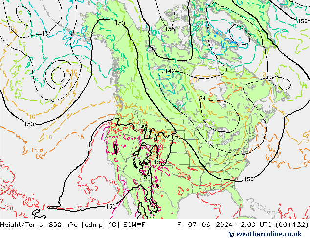 Hoogte/Temp. 850 hPa ECMWF vr 07.06.2024 12 UTC