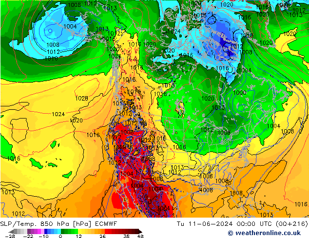 SLP/Temp. 850 hPa ECMWF Út 11.06.2024 00 UTC