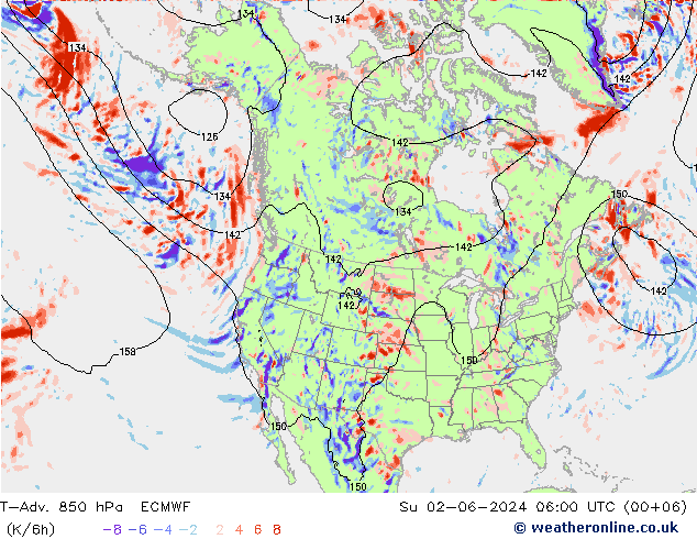 T-Adv. 850 hPa ECMWF So 02.06.2024 06 UTC