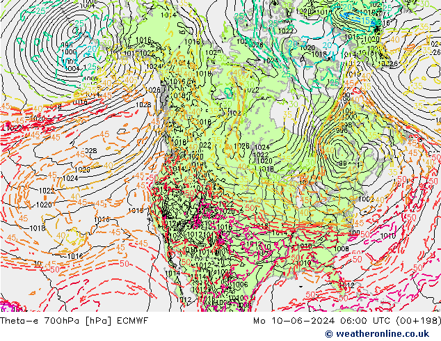 Theta-e 700hPa ECMWF lun 10.06.2024 06 UTC