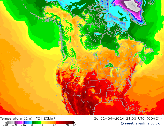 Sıcaklık Haritası (2m) ECMWF Paz 02.06.2024 21 UTC
