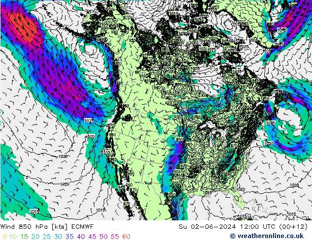 Rüzgar 850 hPa ECMWF Paz 02.06.2024 12 UTC