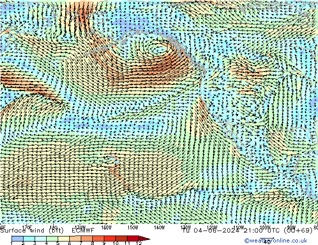 Surface wind (bft) ECMWF Tu 04.06.2024 21 UTC