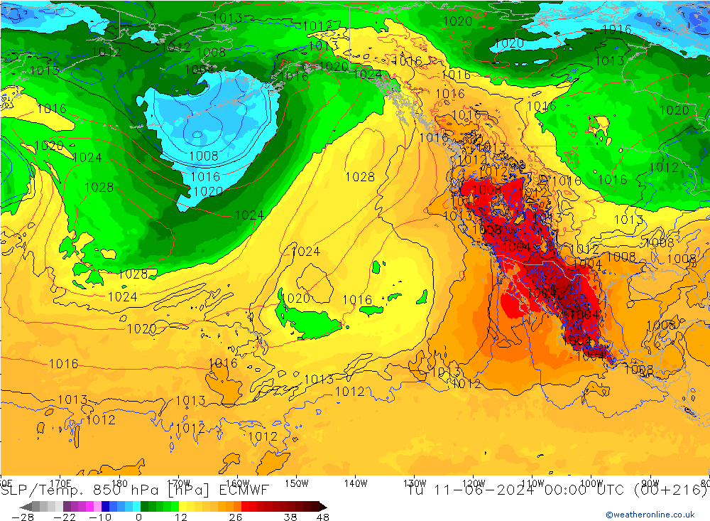 SLP/Temp. 850 hPa ECMWF Út 11.06.2024 00 UTC