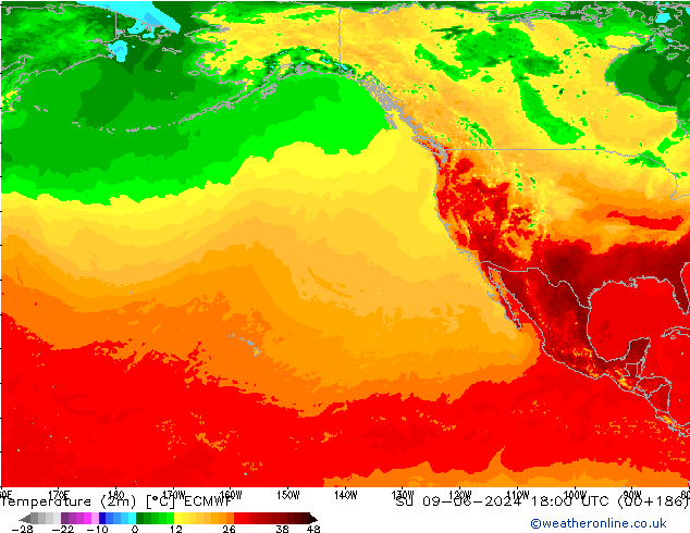 Temperatuurkaart (2m) ECMWF zo 09.06.2024 18 UTC