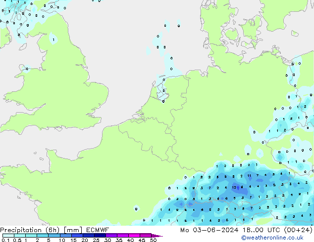 Precipitación (6h) ECMWF lun 03.06.2024 00 UTC