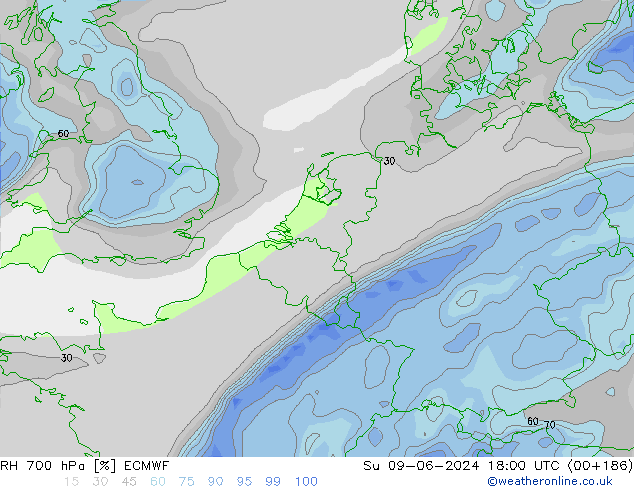 Humidité rel. 700 hPa ECMWF dim 09.06.2024 18 UTC