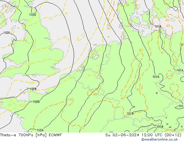 Theta-e 700hPa ECMWF So 02.06.2024 12 UTC