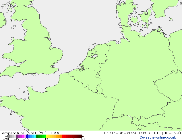 Temperatuurkaart (2m) ECMWF vr 07.06.2024 00 UTC