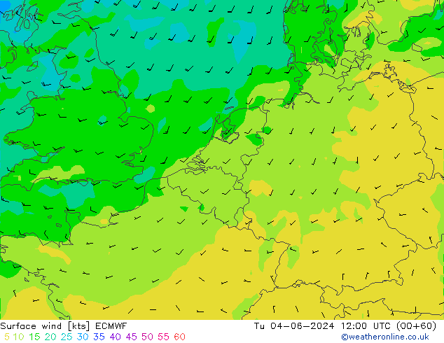 wiatr 10 m ECMWF wto. 04.06.2024 12 UTC