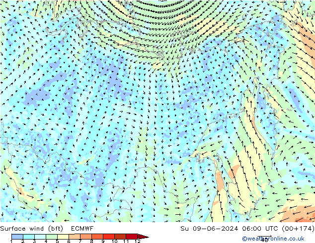 Surface wind (bft) ECMWF Su 09.06.2024 06 UTC