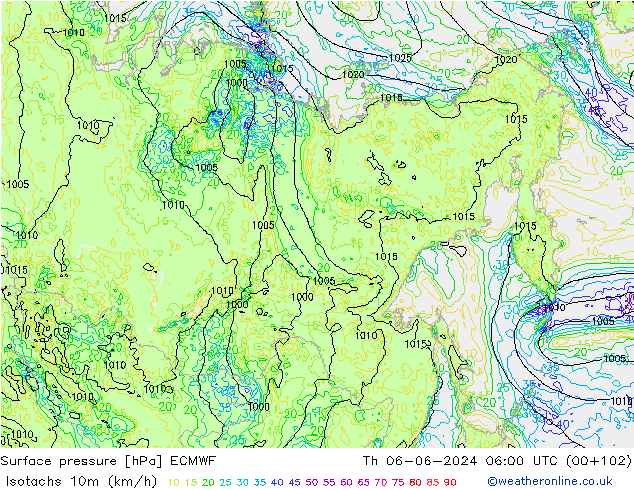 Isotachen (km/h) ECMWF Do 06.06.2024 06 UTC