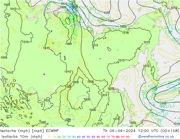 Isotaca (mph) ECMWF jue 06.06.2024 12 UTC