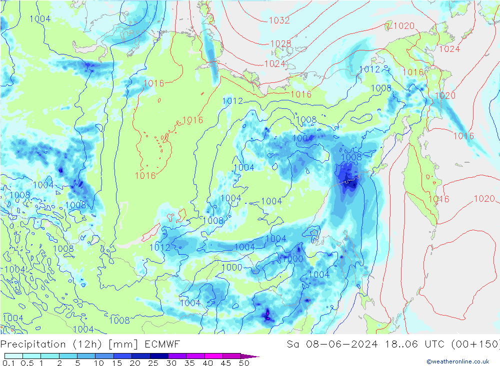 Precipitation (12h) ECMWF So 08.06.2024 06 UTC