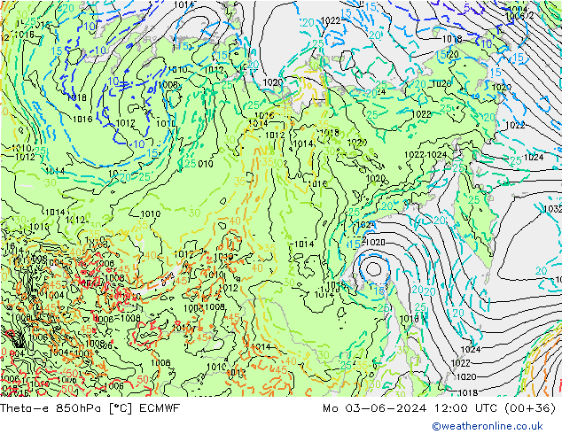 Theta-e 850hPa ECMWF Pzt 03.06.2024 12 UTC