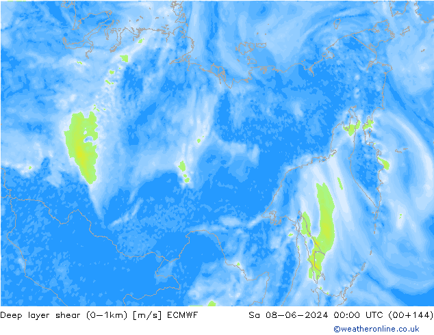 Deep layer shear (0-1km) ECMWF Cts 08.06.2024 00 UTC