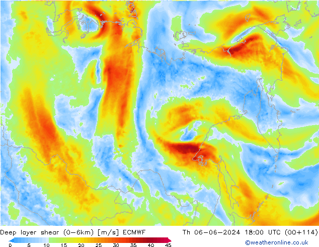 Deep layer shear (0-6km) ECMWF Th 06.06.2024 18 UTC