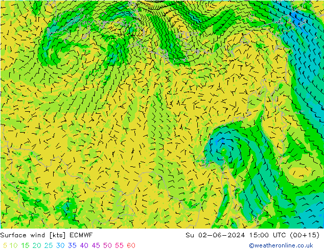 Wind 10 m ECMWF zo 02.06.2024 15 UTC