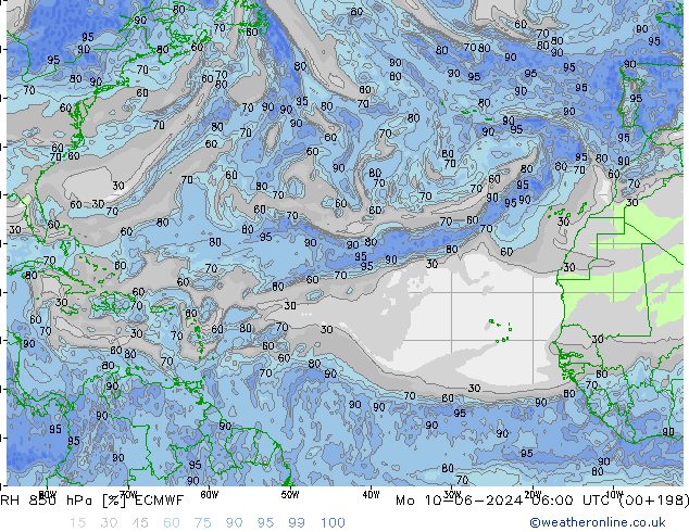 RH 850 hPa ECMWF Po 10.06.2024 06 UTC