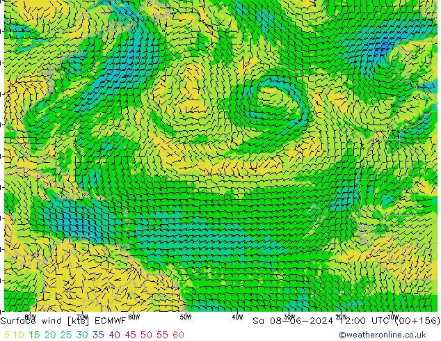 Neerslag 6h/Wind 10m/950 ECMWF za 08.06.2024 12 UTC