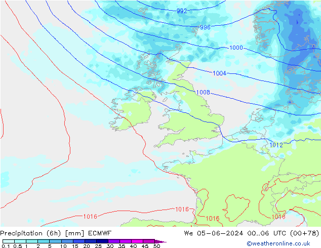 Totale neerslag (6h) ECMWF wo 05.06.2024 06 UTC