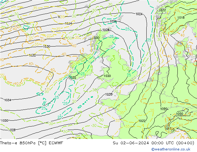 Theta-e 850hPa ECMWF Su 02.06.2024 00 UTC