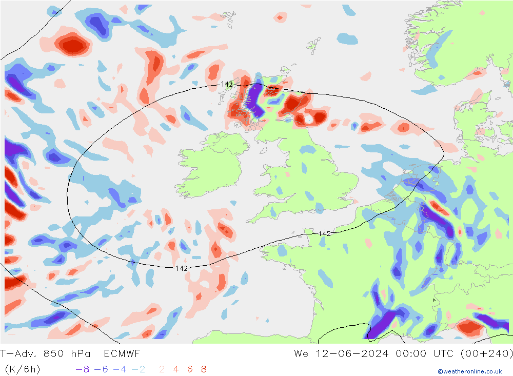 T-Adv. 850 hPa ECMWF Qua 12.06.2024 00 UTC