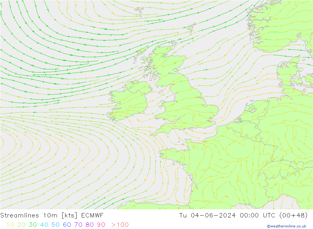 Streamlines 10m ECMWF Tu 04.06.2024 00 UTC