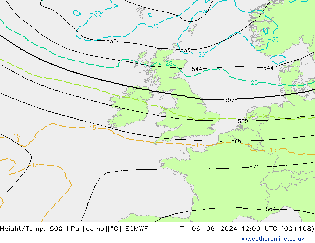 Height/Temp. 500 hPa ECMWF gio 06.06.2024 12 UTC