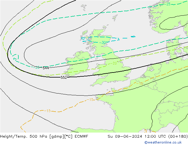 Z500/Regen(+SLP)/Z850 ECMWF zo 09.06.2024 12 UTC