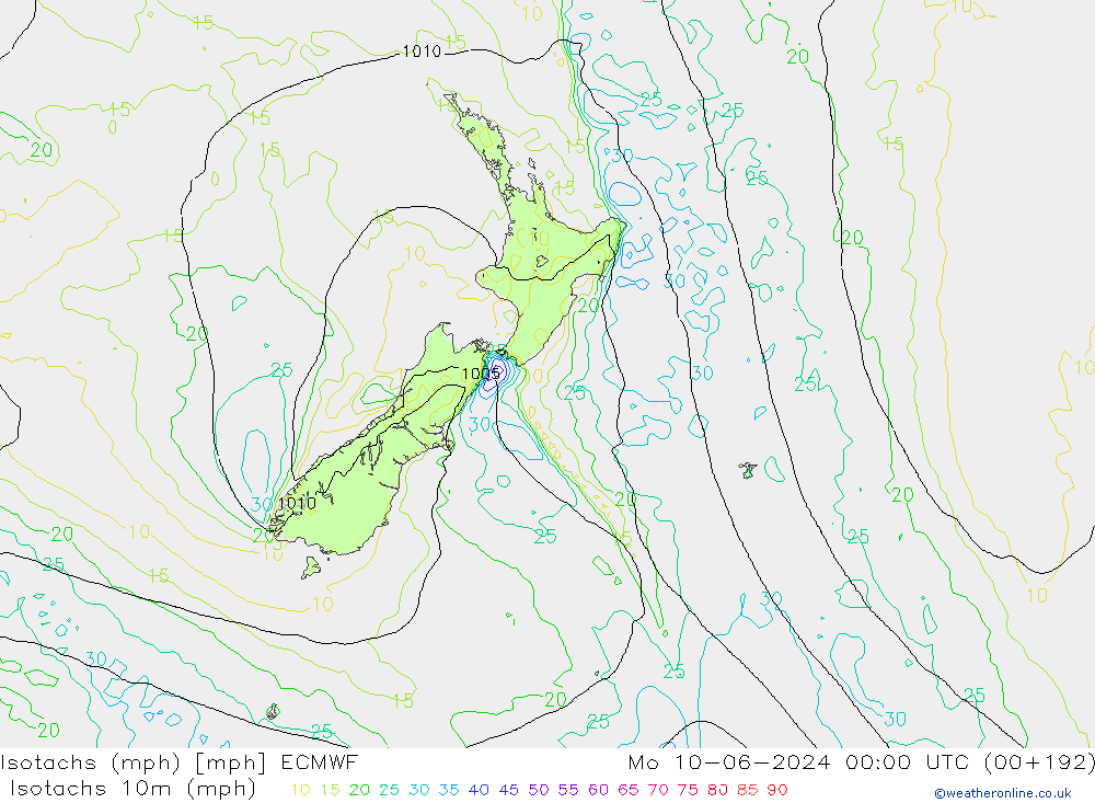 Isotachs (mph) ECMWF lun 10.06.2024 00 UTC