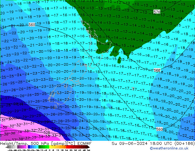 Z500/Rain (+SLP)/Z850 ECMWF Su 09.06.2024 18 UTC