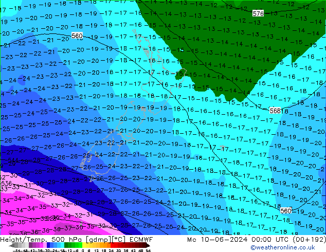 Z500/Rain (+SLP)/Z850 ECMWF Mo 10.06.2024 00 UTC