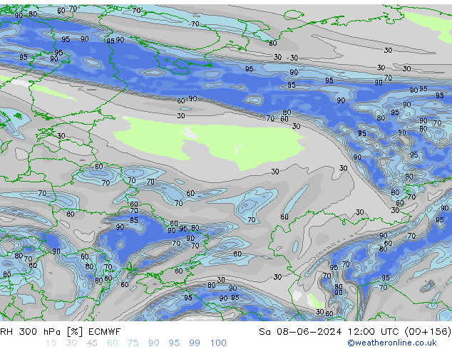 RH 300 hPa ECMWF so. 08.06.2024 12 UTC