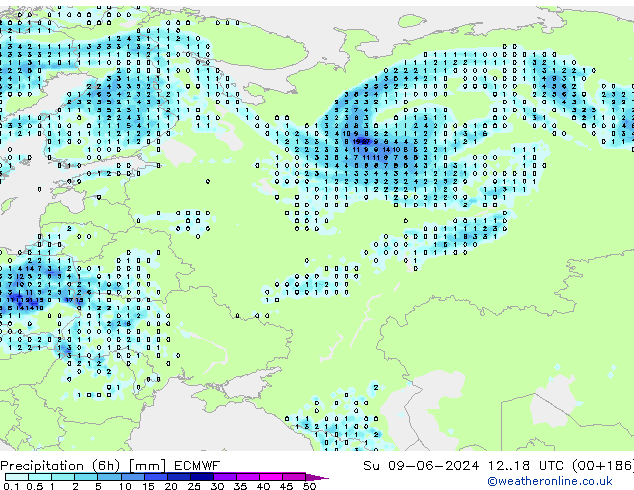 Precipitation (6h) ECMWF Su 09.06.2024 18 UTC