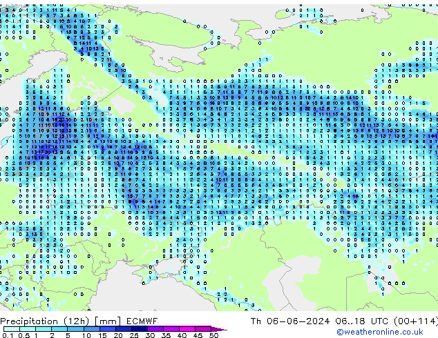 Totale neerslag (12h) ECMWF do 06.06.2024 18 UTC