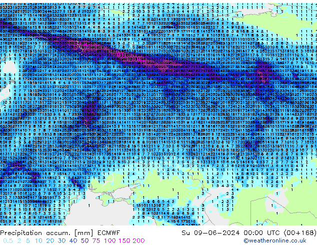 Precipitation accum. ECMWF Вс 09.06.2024 00 UTC