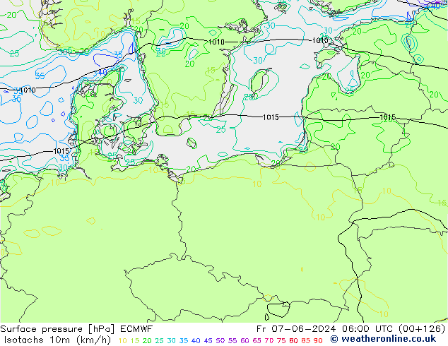 Izotacha (km/godz) ECMWF pt. 07.06.2024 06 UTC