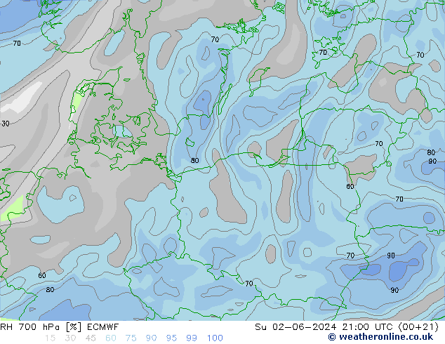 RH 700 hPa ECMWF dom 02.06.2024 21 UTC