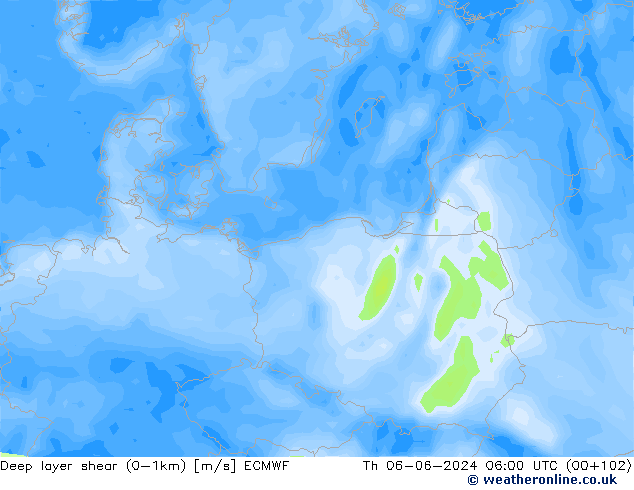 Deep layer shear (0-1km) ECMWF чт 06.06.2024 06 UTC