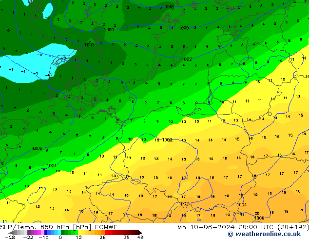 SLP/Temp. 850 hPa ECMWF pon. 10.06.2024 00 UTC