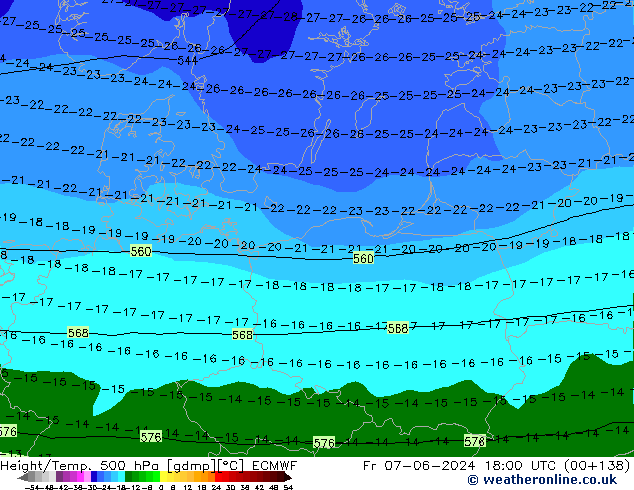 Height/Temp. 500 hPa ECMWF Sex 07.06.2024 18 UTC