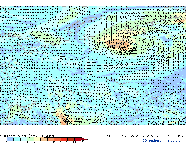 wiatr 10 m (bft) ECMWF nie. 02.06.2024 00 UTC